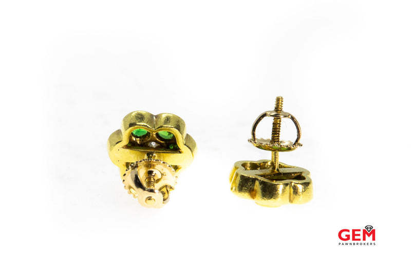 Natural Green Garnet & Diamond Cluster Flower Studs 18K 750 Yellow Gold Earrings