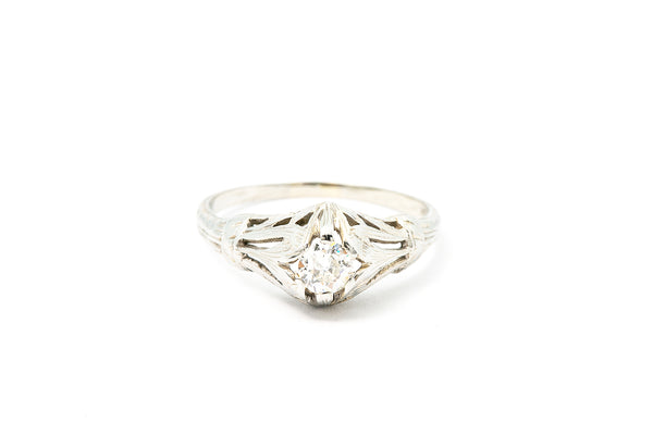 Antique Art Deco Diamond Solitaire 18k 750 White Gold Wedding Ring Size 6.5