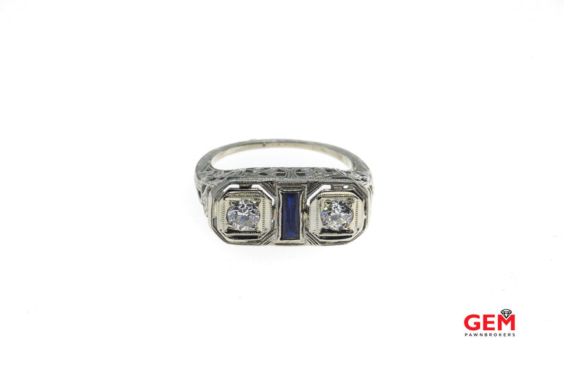 Antique Art Deco Filigree Diamond Sapphire 14k 585 White Gold Ring Size 4