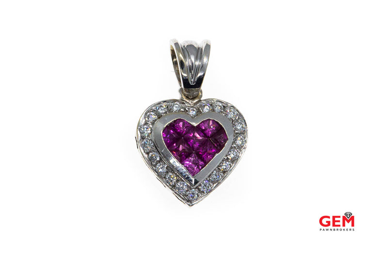 EMJ Pink Princess Cut Sapphire Diamond Heart Halo Drop Charm 18K 750 White Gold Designer Pendant
