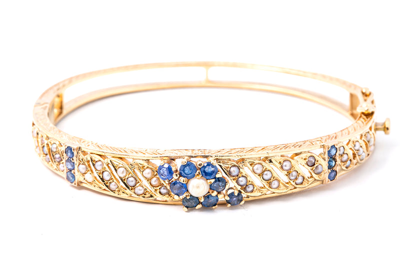 Antique Sapphire & Seed Pearl Hindged Bangle 14k 585 Yellow Gold