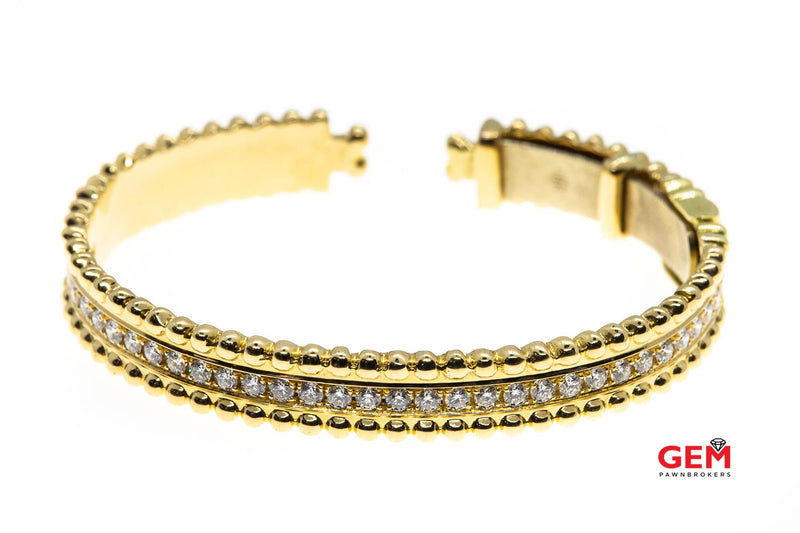 Diamond Line 8.7mm Beaded Open Cuff 18K 750 Yellow Gold Bracelet Bangle Cuff