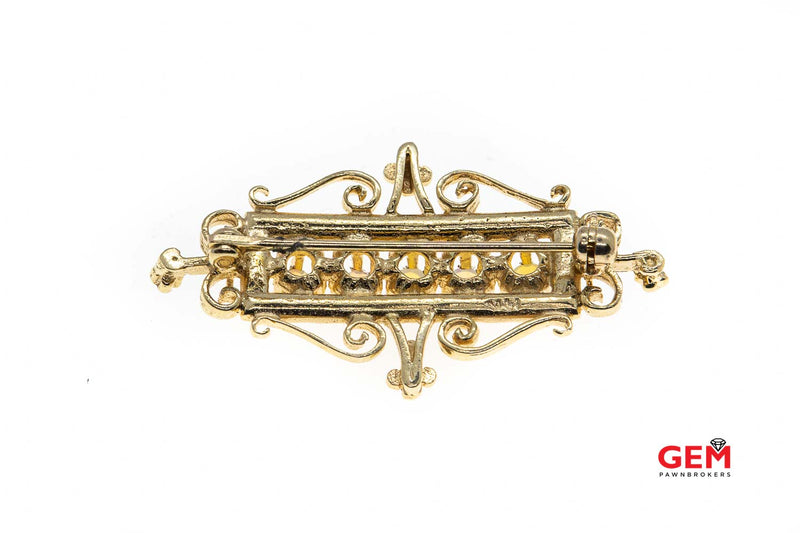 Victorian Natural Opal Gemstone Bar Filigree Scroll Swirl Brooch 14K 585 Yellow Gold Lapel Pin