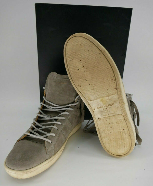 Saint Laurent Men's Gray Suede & Leather Fringe High Top Sneakers Size 42/9