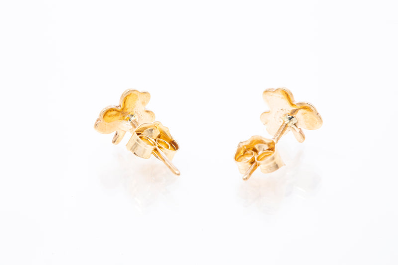 Three Leaf Clover Lucky Irish 14k 585 Yellow Gold Stud Earrings