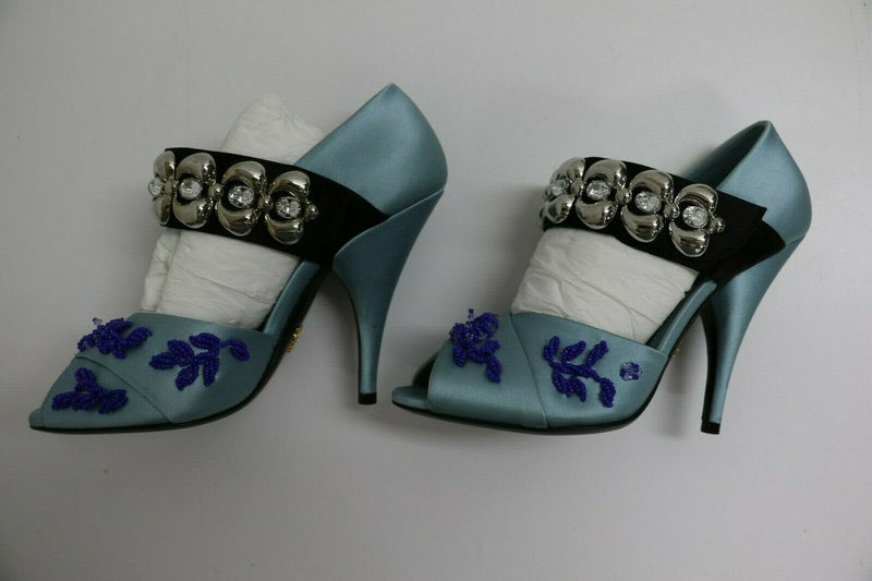 Prada Blue Heels | Satin Embroidery | Size US 5.5, EUR 36