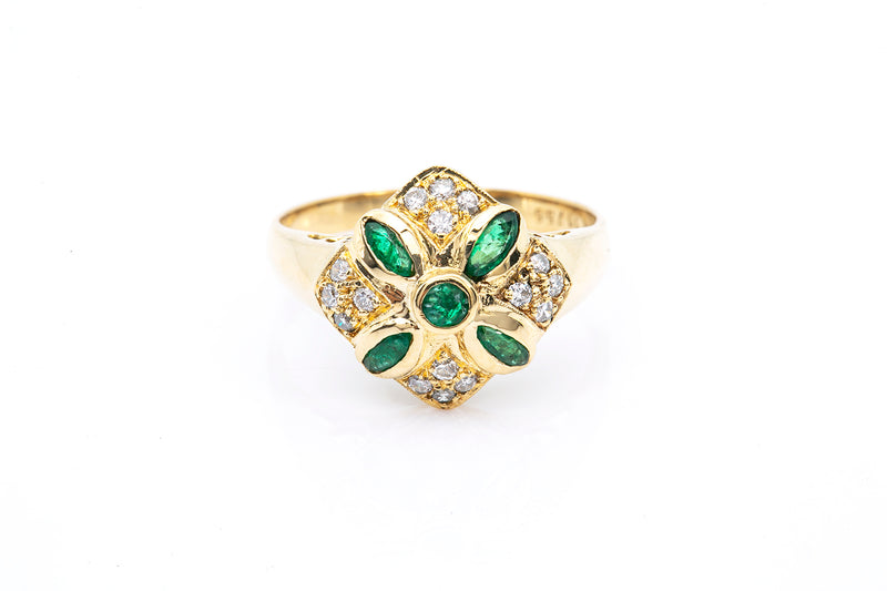 Marquise Emerald & Diamond Cocktail Cluster 18k 750 Yellow Gold Ring