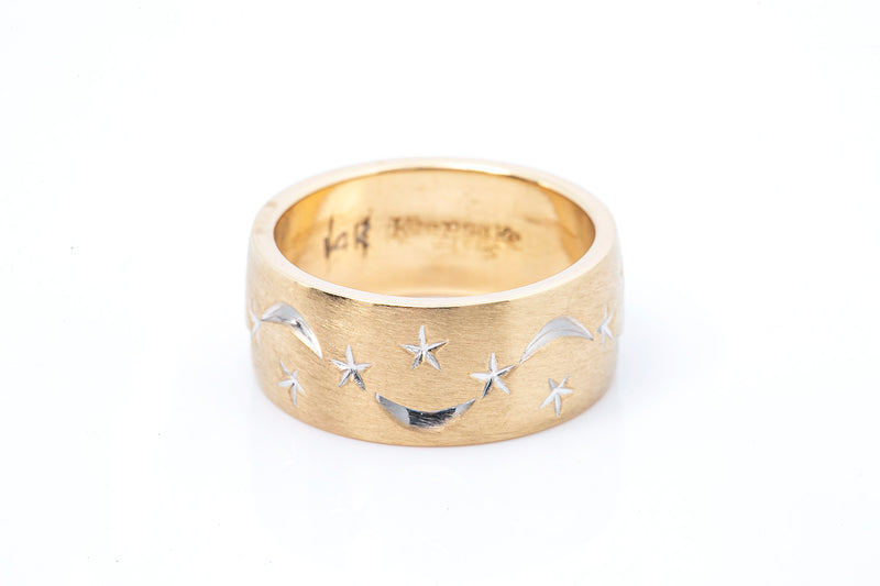 Vintage Crescent Moon & Stars Celestial Motif 14k 585 Two Tone Gold Ring Sateen Size 6