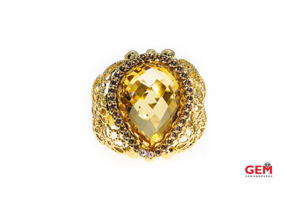 Italy Floral Briolette Citrine Cubic Zirconia 14K 585 Yellow Gold Ring Sz 7 1/2