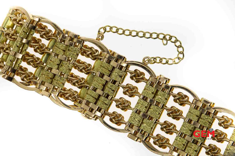 Estate Antique Two Tone Wide Gate Knot Link 14K 585 Yellow Rose Gold Bracelet