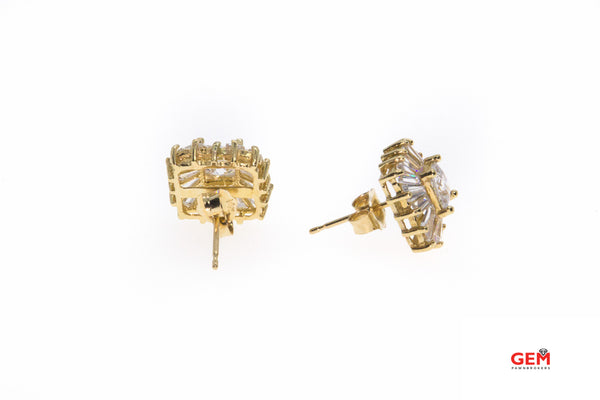 Cubic Zirconia Princess & Baguette Cluster Studs 14K 585 Yellow Gold Earrings