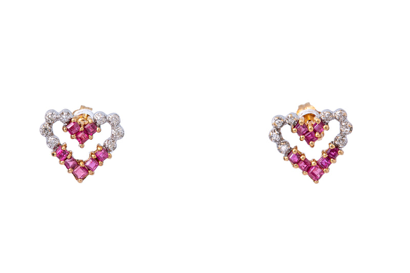 Pink Sapphire & Diamond Open Heart Stud 10K White & Yellow Gold Pair Earrings