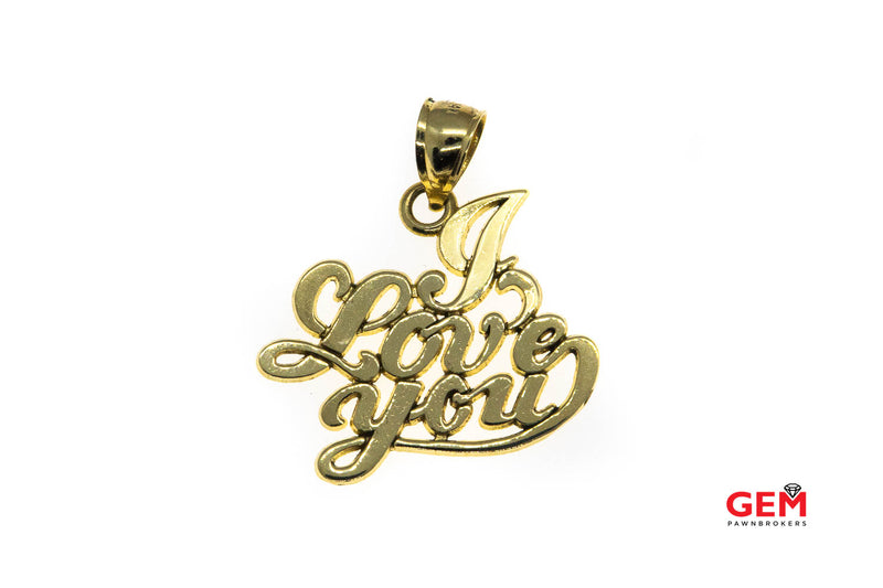 Calligraphy I Love You Drop Charm 14K 585 Yellow Gold Word Pendant