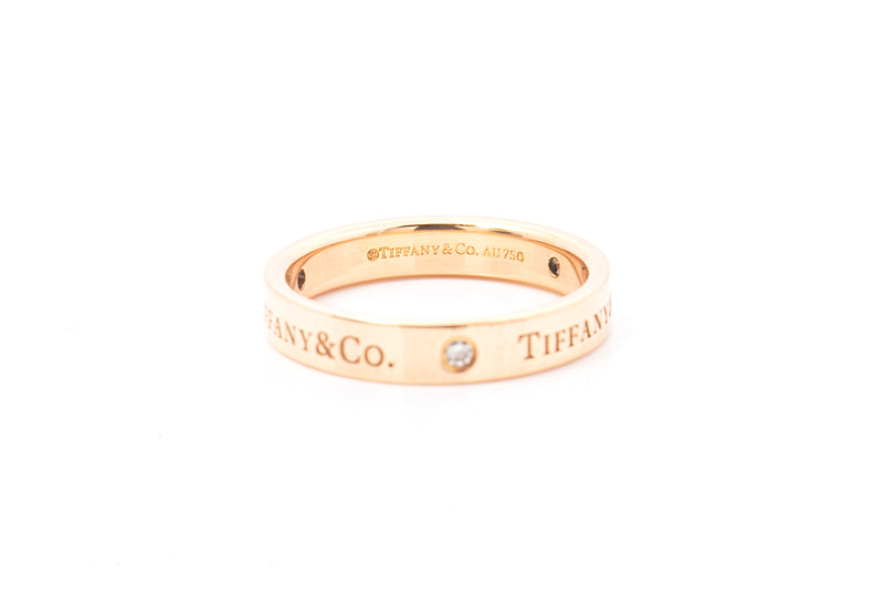 Tiffany & Co Logo Stackable Wedding Band Ring 3 Diamond Rose Gold 18k Size 8.5