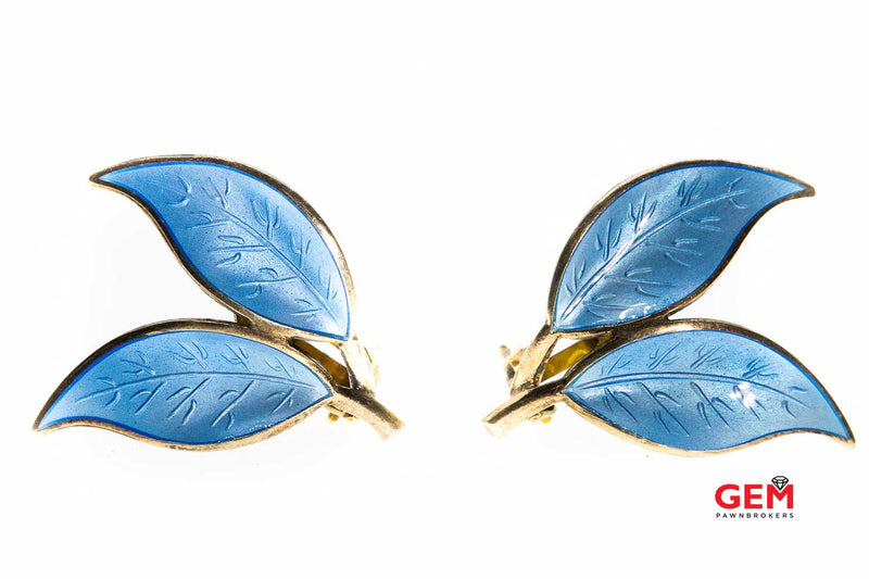David Anderson & Ivar Holth Blue Enamel Clip On Double Leaf 925 Sterling Silver Earrings