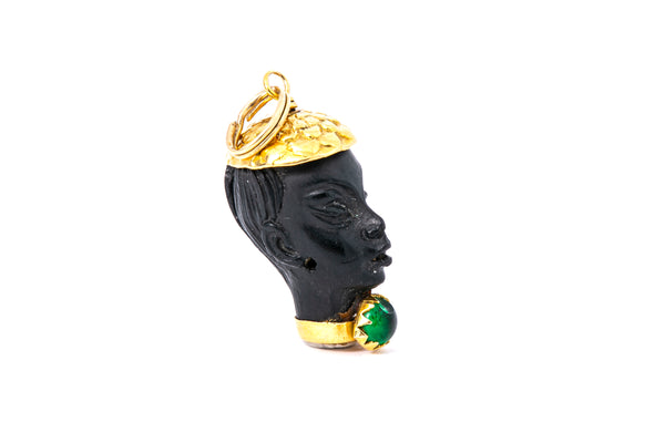 Corletto Emerald Blackamoor African Woman Head Charm 18K 750 Yellow Gold Pendant