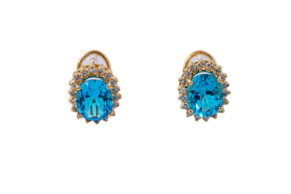 Natural Swiss Blue Topaz & Diamond Halo Stud 14K 585 Yellow Gold Pair Earrings