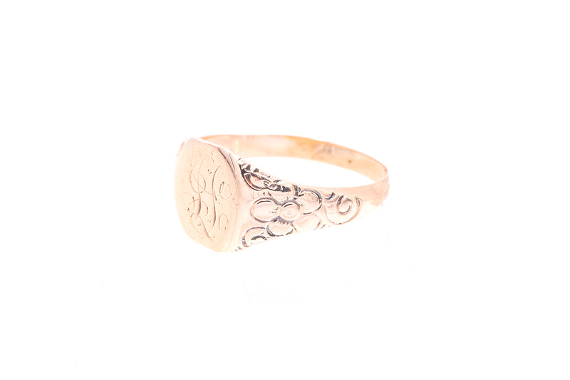 Antique Inscribed 10k 417 Rose Gold Floral Motif Signet Ring Size 7