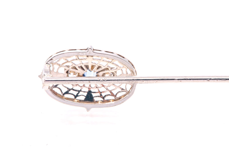 Antique Diamond & Sapphire Filigree Lapel Stickpin 14k 585 White Gold