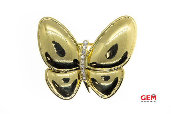 Butterfly Wings Diamond Accent Brooch Solid 18K 750 Yellow Gold Designer Lapel Pin Brooch