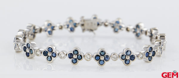 Flower Clover 14k 585 White Gold Diamond Sapphire Station Bracelet 7.5"