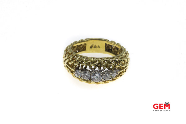 Braided Filigree Chain Link Motif 18K 750 Yellow & White Gold 5 Stone Diamond Ring Size 7