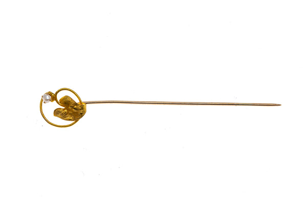 Art Nouveau Freshwater Pearl Leaf Wire Brooch 14K 585 Yellow Gold Lapel Pin