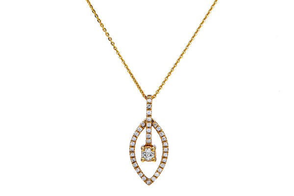 Diamond Eye Line Pave Drop Charm 14K 585 Yellow Gold 18" Necklace & Pendant