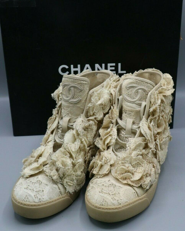 Chanel Camellia Flower Mesh Lace Beige Clair Hi Top Sneakers Size 38.5/8