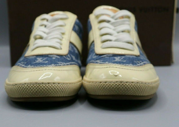 Louis Vuitton Monogram Blue Denim Cream Patent Shoes Sneakers Womens 37.5/7