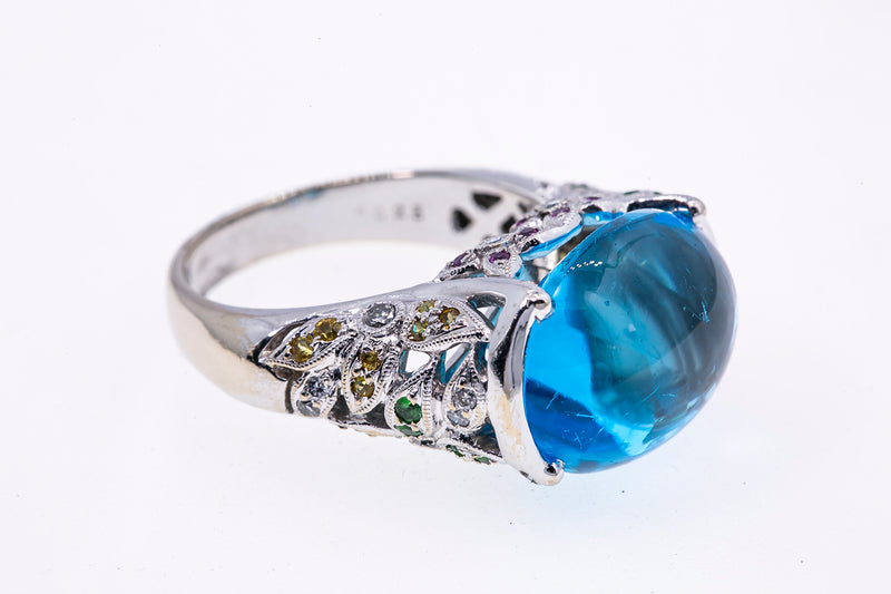 Blue Topaz & Pink Sapphire Diamond Cocktail 18K 750 White Gold Ring Size 8 1/2