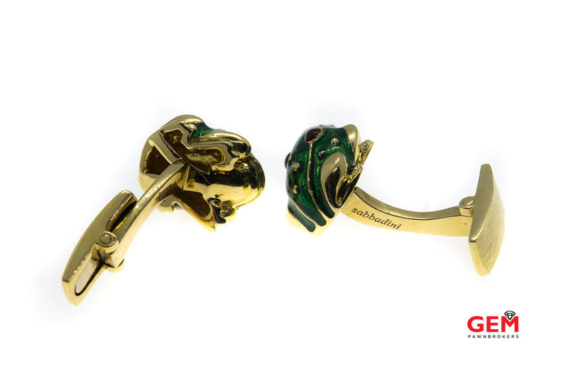 Sabbadini Italy Milano Natural Cabochon Ruby Green Enamel Frog Cuff Link Solid 18K 750 Yellow Gold Cufflinks