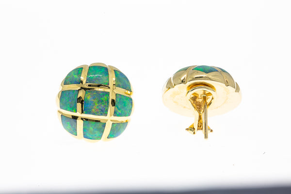 Kabana Opal Inlay Large Dome Button Stud 14K 585 Yellow Gold Pair of Earrings