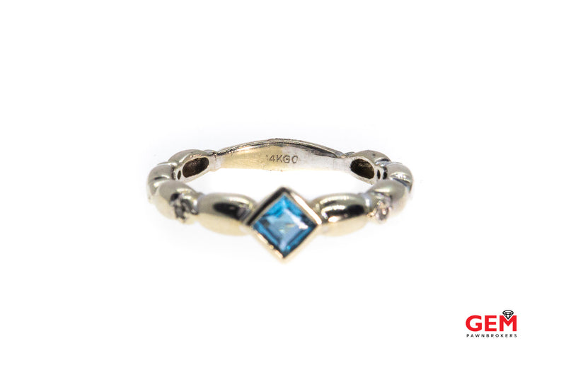 Natural Princess Cut Blue Topaz & Diamond Accent Beaded Station Band 14K 585 White Gold Ring Size 7 3/4