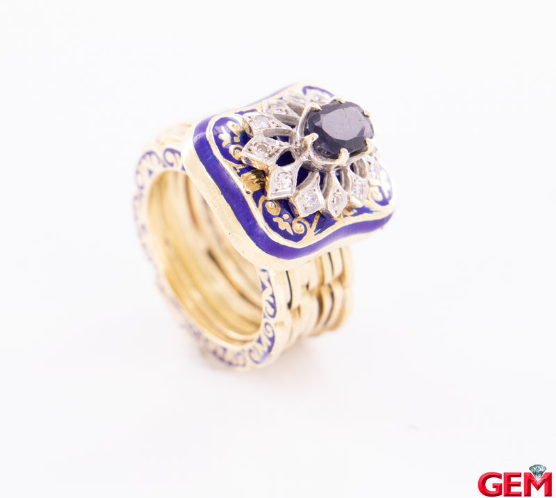 Antique Solid Yellow Gold 14k 585 Yellow Ring Turns Into Bracelet Enamel Sapphire Diamond