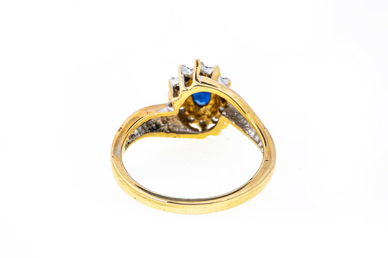 Sapphire & Diamond Halo Sunburst Band 14K 585 Yellow & White Gold Ring Size 6