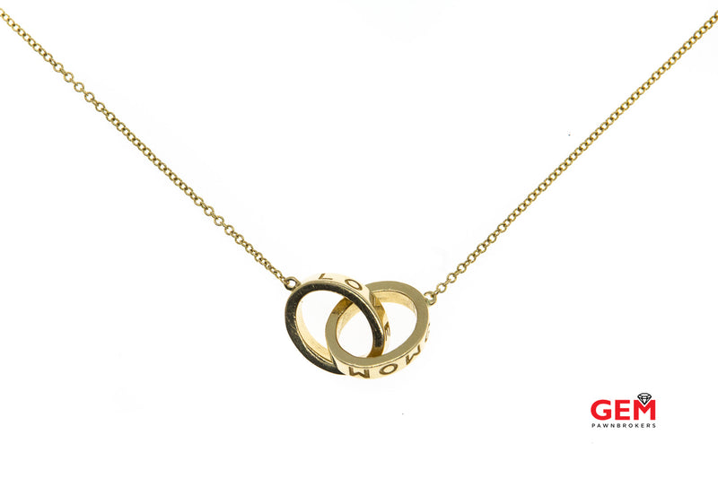 Love Mom Forever Heart Double Rings Interlocking Circles Chain Link Italy 14K 585 Yellow Gold 19" Necklace