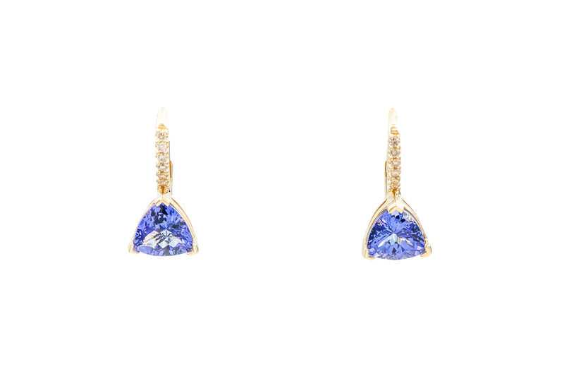 Trillion Tanzanite & Diamond Drop 14k 585 Yellow Gold Earrings