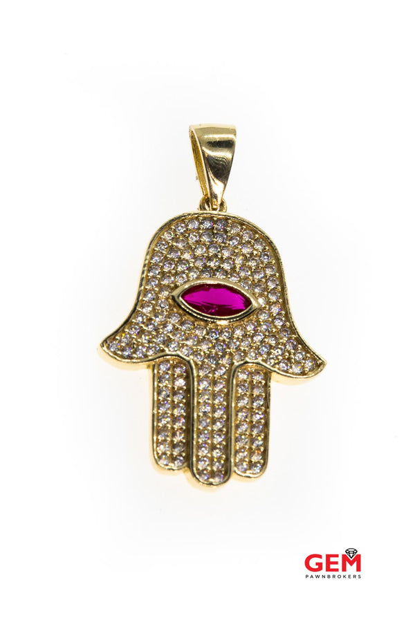 Hamsa Hand Cubic Zirconia Charm 14K 585 Yellow Gold CZ Pave Pendant