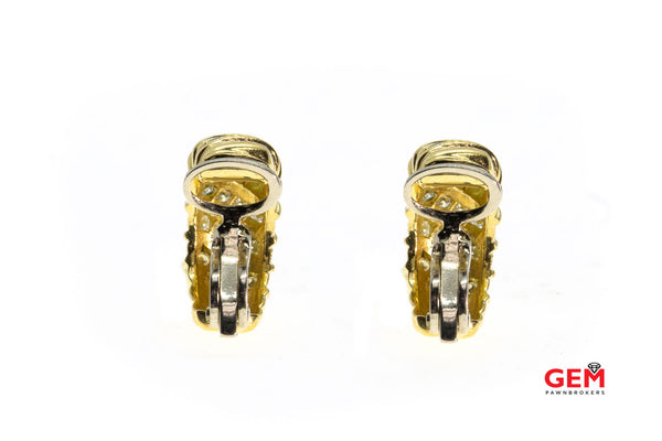 Italian Diamond Cluster Clip On Solid 18K 750 Yellow & White Gold Earrings
