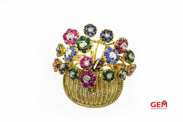 Vintage Tiffany & Co. En Tremblant Gemstone Floral Basket 18K 750 Yellow Gold Brooch Pin