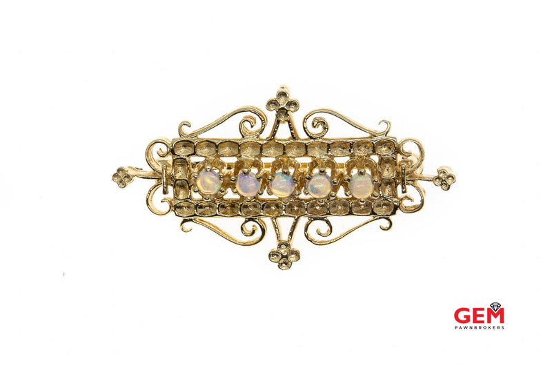 Victorian Natural Opal Gemstone Bar Filigree Scroll Swirl Brooch 14K 585 Yellow Gold Lapel Pin