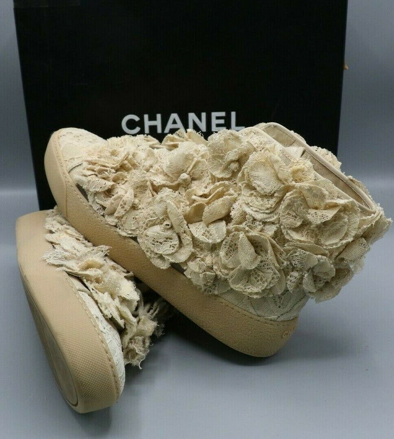 Chanel Camellia Flower Mesh Lace Beige Clair Hi Top Sneakers Size