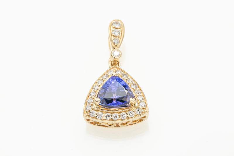 Tanzanite Trillion & Diamond 14k 585 Yellow Gold Charm Pendant