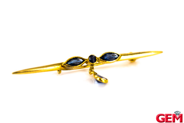 Antique Drop Sapphire 585 14k Yellow Gold Brooch Stick Lapel Pin Dragonfly