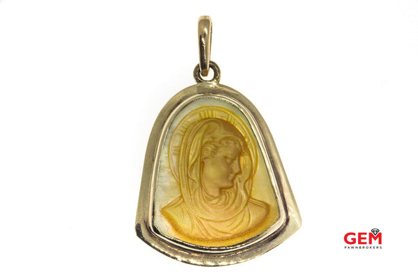Mother Of Pearl Carved Virgin Mother Saint Mary Head Religious Drop Charm 10K 417 Yellow Gold Pendant