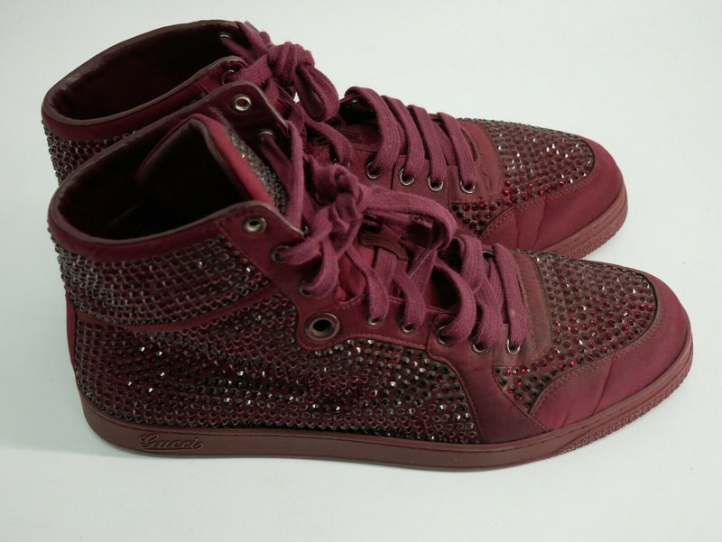 Gucci Unisex Burgundy Satin Effect Crystal Stud High Top Sneakers US Size 8.5