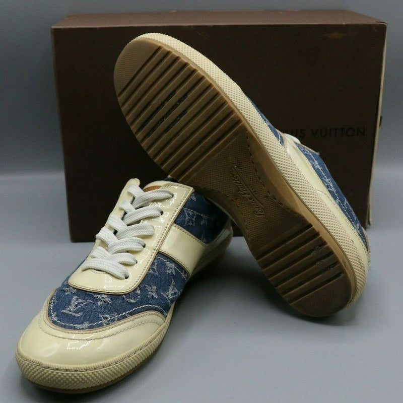 Louis Vuitton Monogram Blue Denim Cream Patent Shoes Sneakers Womens 37.5/7
