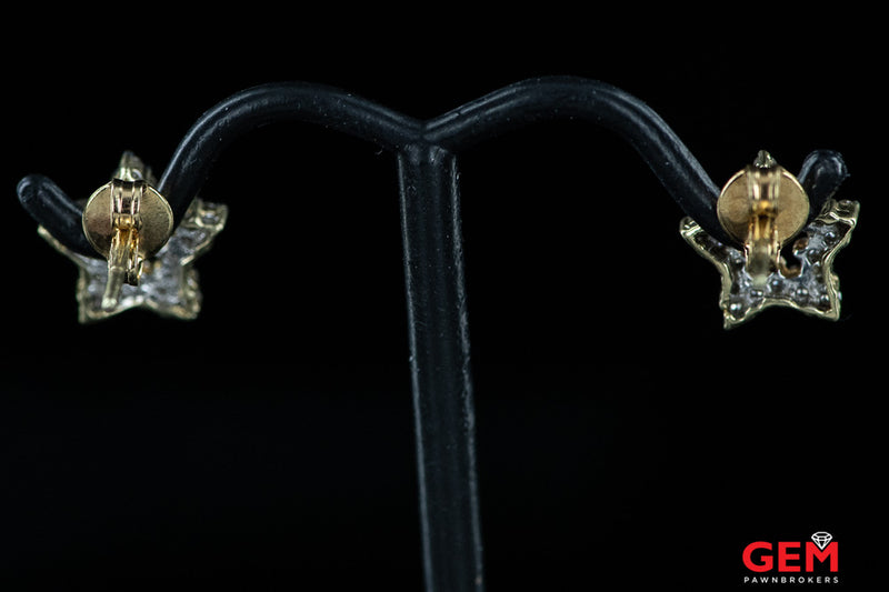 Diamond Pave Shooting Star Studs 14K 585 Yellow & White Gold Cutoff Earrings