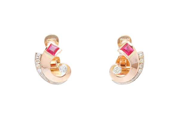 Vintage Retro Pink Sapphire & Diamond 14k 585 Rose Gold Swirl Ear Clip Earrings